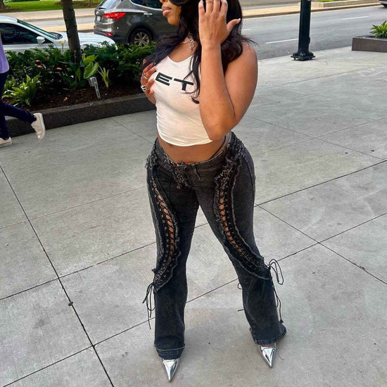 Slim Frayed Lace-up Jeans for Women - Stretch All-matching New Fit