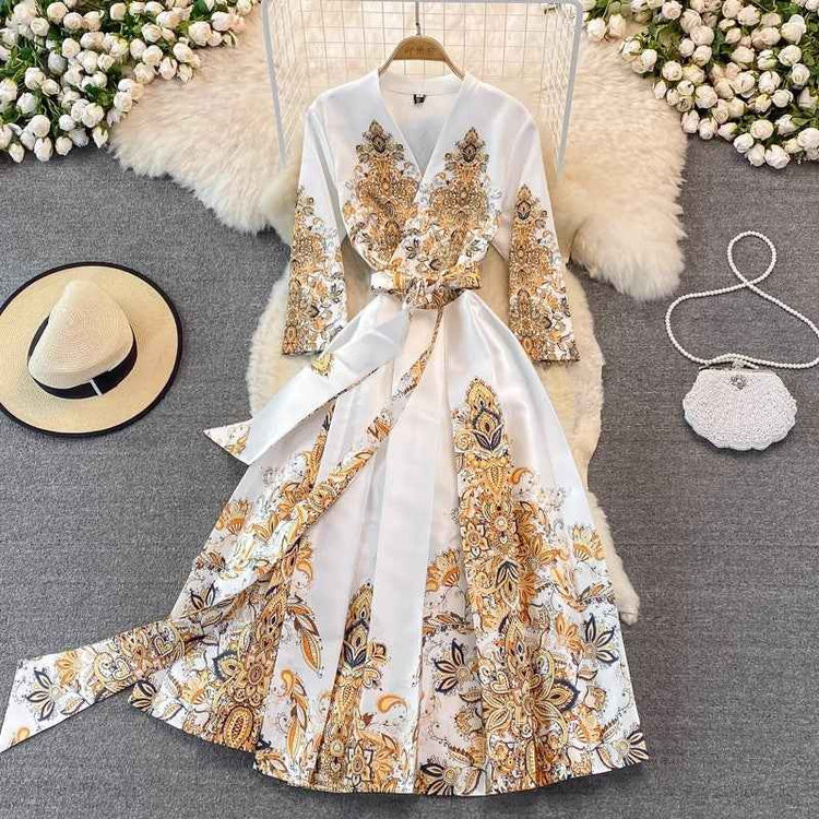 Court Vintage Printing Wide Hem Long Sleeve Dress - Perfect Vintage Long Sleeve Dress for Your Wardrobe