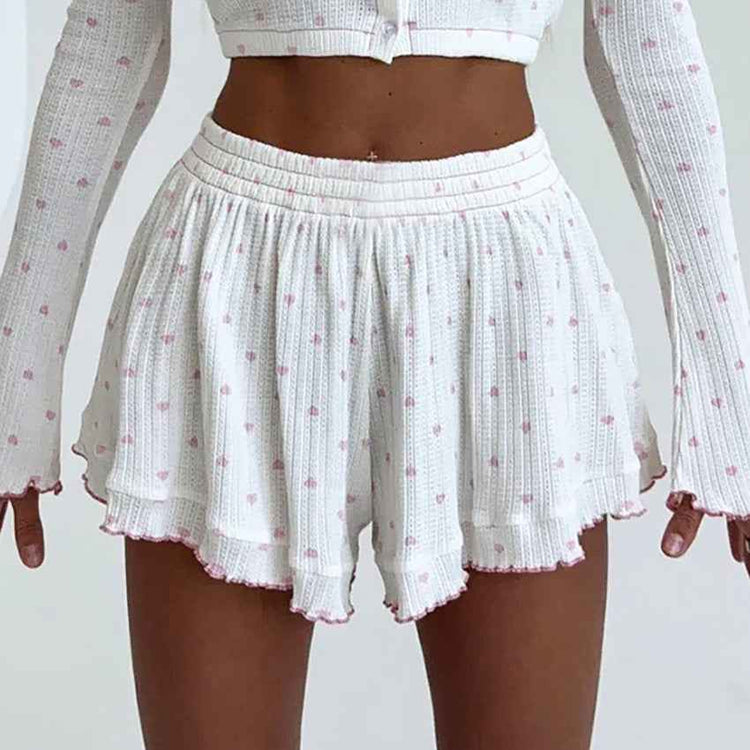 Heart Print Long Sleeve Pajamas - Fashionable Midriff Outfit for Daily Home Wear