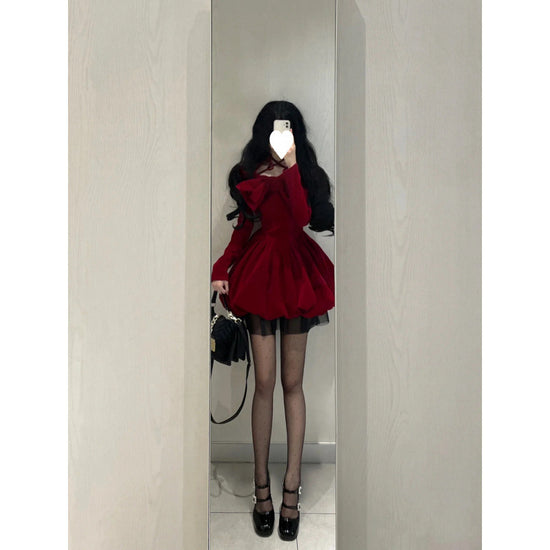 Classic Style Red Halter Velvet Dress.