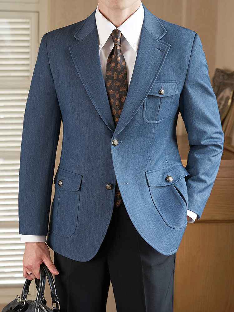 Anti-wrinkle Easy-to-care Suit with Washed Vintage Denim Wide-leg Pants Men