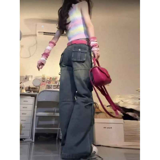 Plus Size Vintage Workwear Jeans with Multi-Pockets - Washed-Out Style for Women