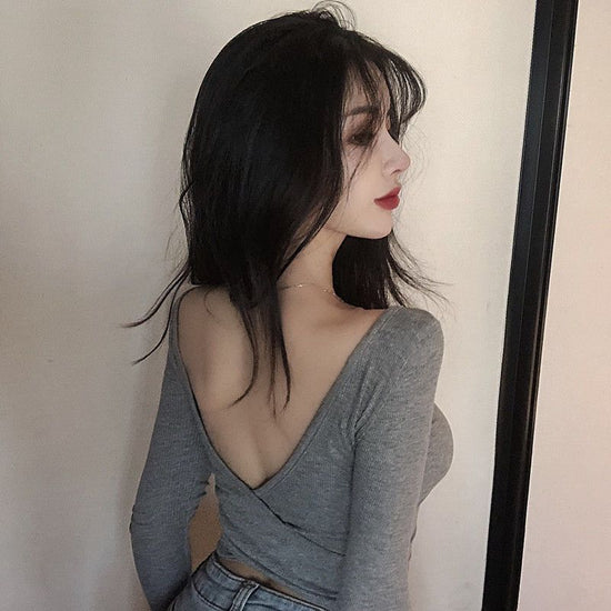 Back-exposed Long-sleeved T-shirt for Women - Autumn Skinny V-neck Cropped Top - Florence Luxe