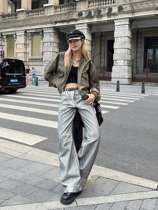 American Retro Straight Leg Jeans in Rubbing Color Distressed Style - Florence Luxe