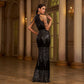 Halter Sequin Evening Dress with Beads - Slim-Fit Design