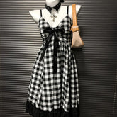 Retro Black and White Plaid Dress - Slim Fit Cinched Sling Bow Design - Florence Luxe