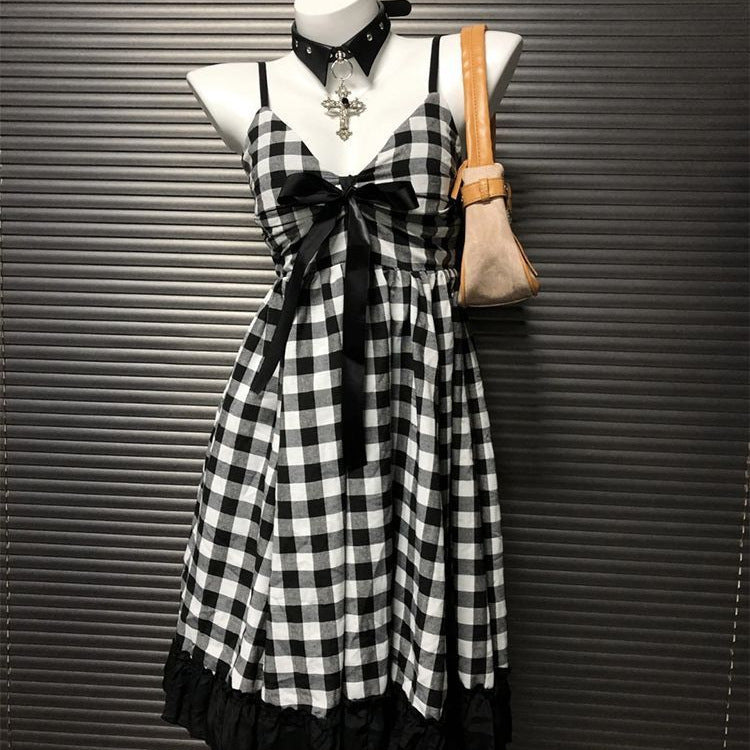 Retro Black and White Plaid Dress - Slim Fit Cinched Sling Bow Design - Florence Luxe