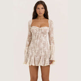 Lace Collar Dress with Square Design and Bell-Bottom Long Sleeve Tied A-Line for Women - Florence Luxe