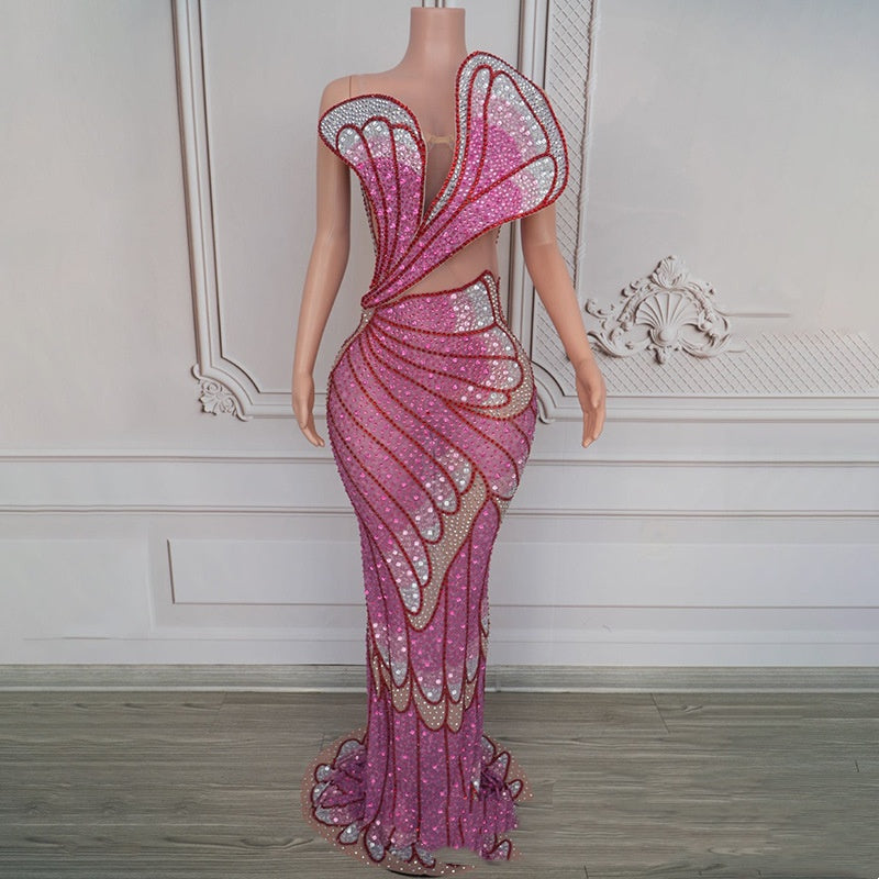 High-grade Rose Red Fishtail Skirt with Three-dimensional Feather Sequins - Florence Luxe