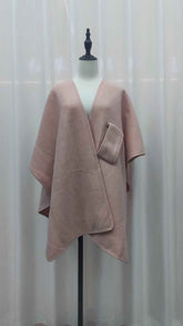 Fur Collar Knitted Cardigan Cape and Shawl with Fur Ball Detail