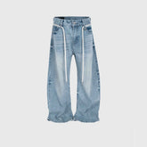 Retro Washed Jeans with Drawstring Belt - Vintage Style Trousers