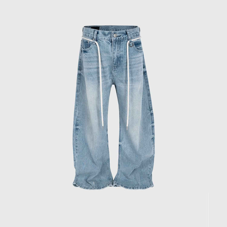 Retro Washed Jeans with Drawstring Belt - Vintage Style Trousers