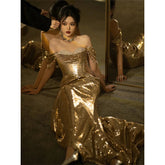 Gold Evening Dress Off-shoulder Sequined Tube Top Bridal Fishtail Gown for Women - Florence Luxe