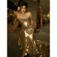 Gold Evening Dress Off-shoulder Sequined Tube Top Bridal Fishtail Gown for Women - Florence Luxe