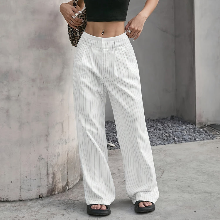Stripe Printed Trousers Fashion High Waist Straight Leg Pants With Pocket Zipper Casual Suit Pants For Women - Florence Luxe