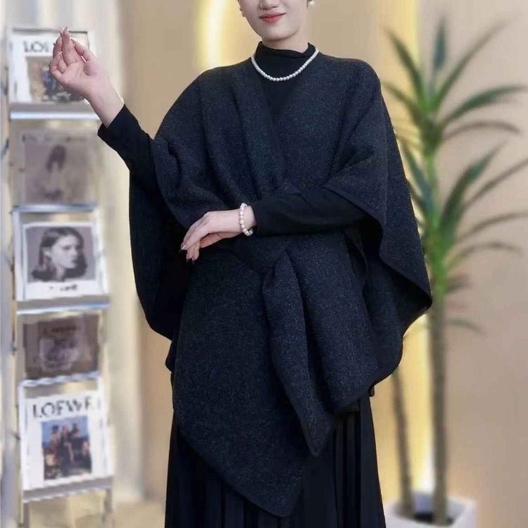 Fur Collar Knitted Cardigan Cape and Shawl with Fur Ball Detail