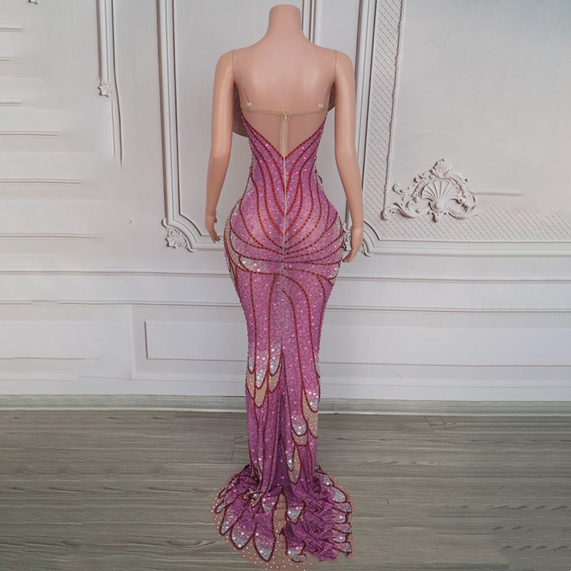 High-grade Rose Red Fishtail Skirt with Three-dimensional Feather Sequins - Florence Luxe