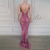 High-grade Rose Red Fishtail Skirt with Three-dimensional Feather Sequins - Florence Luxe