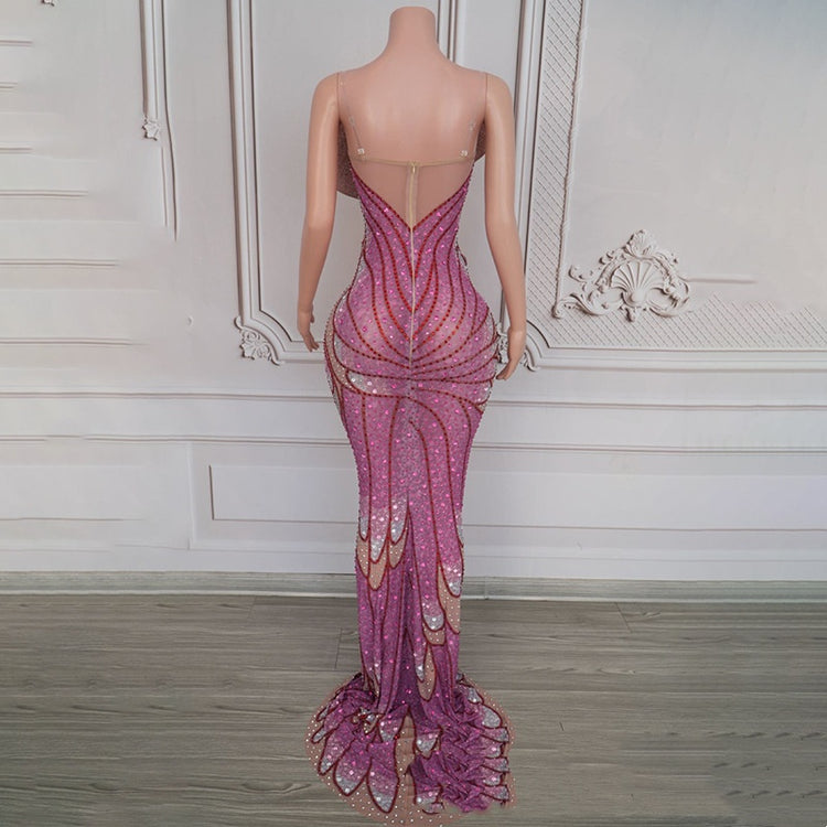 High-grade Rose Red Fishtail Skirt with Three-dimensional Feather Sequins - Florence Luxe