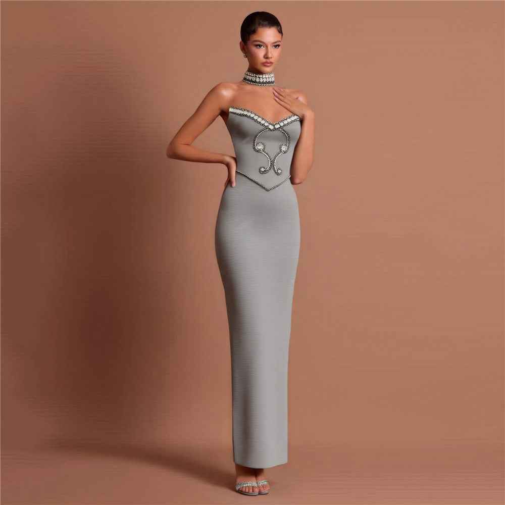 New Solid Color Rhinestone Tube Top Dress – Refined Bandage One-Piece Design