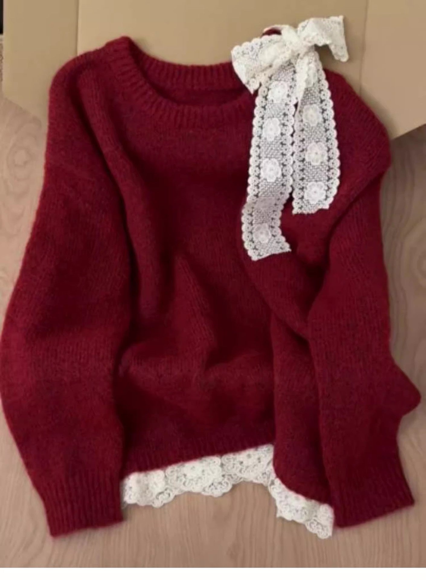 High-grade Lace Red Off-the-shoulder Sweater - Florence Luxe