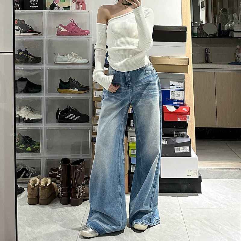 Retro Washed High Waist Rhinestone Straight Leg Jeans for Women Baggy Wide Leg Trousers