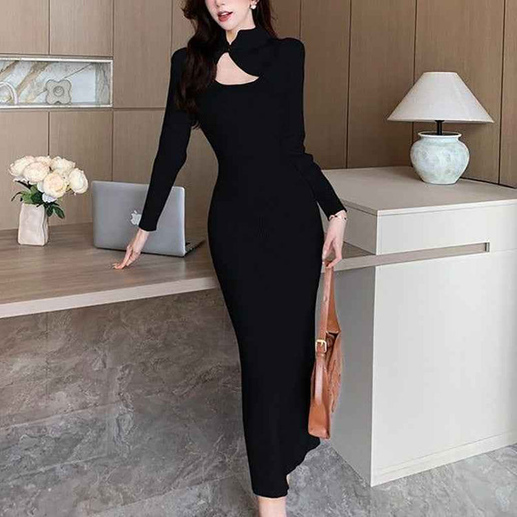 Hollow Frog Button Dress Slim Waist Hip