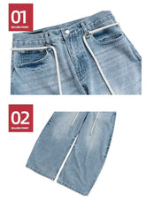 Retro Washed Jeans with Drawstring Belt - Vintage Style Trousers