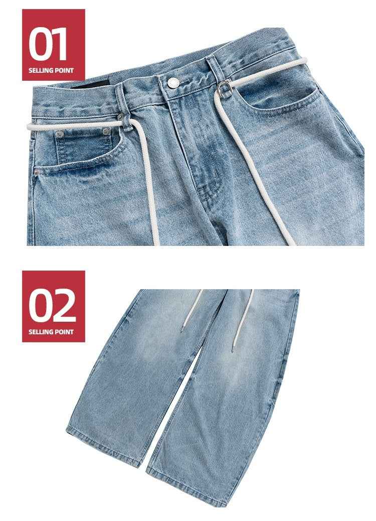 Retro Washed Jeans with Drawstring Belt - Vintage Style Trousers