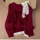 High-grade Lace Red Off-the-shoulder Sweater - Florence Luxe