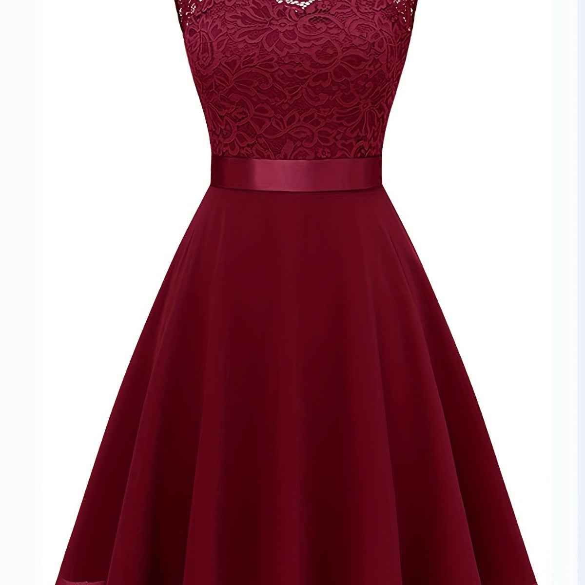 European And American Hollow Waist Solid Color Dress - Sleeveless Lace Hepburn Style