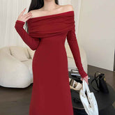 Knitted Off-shoulder Long Sleeve Fishtail Dress Ins Spring French Retro