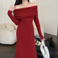 Knitted Off-shoulder Long Sleeve Fishtail Dress Ins Spring French Retro