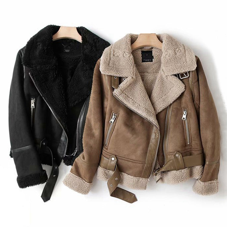 Winter Lapel Suede Jacket - Warm Lamb Wool Coat for Women Motorcycle Outwears - Florence Luxe