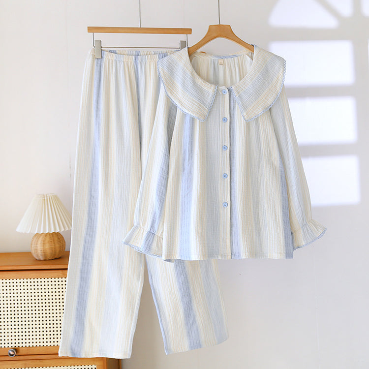 Contrast-color Doll Collar Long-sleeved Trousers Homewear Suit.