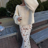 Backless Lace Up Sweater - Long Sleeve Loose Sweater for Effortless Style