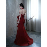 Socialite Style Wine Red Elegant Halter Bride Wedding Toast Dress - Florence Luxe