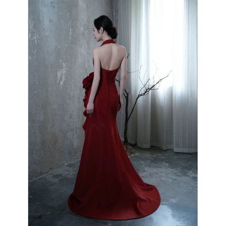 Socialite Style Wine Red Elegant Halter Bride Wedding Toast Dress - Florence Luxe