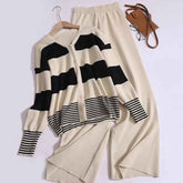 Korean Style Striped Cardigan Pants Suit - Youthful V-neck Knitted Two-Piece Fashion Set