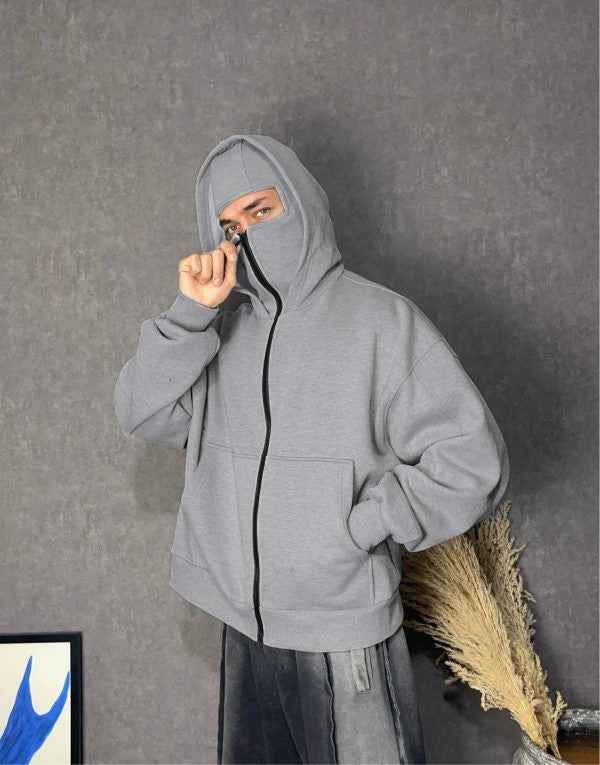 Double-layer Masked Hooded Loose Zip Men&