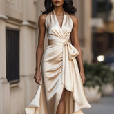 Elegant V-neck Ruffled Dress for Women with Irregular Hem - Florence Luxe