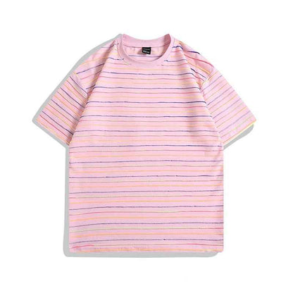 Color Striped Couple T-Shirt - Short Sleeve Round Neck Half Sleeve Tee