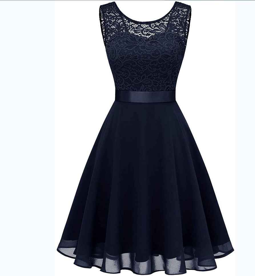 European And American Hollow Waist Solid Color Dress - Sleeveless Lace Hepburn Style