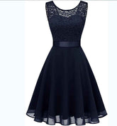 European And American Hollow Waist Solid Color Dress - Sleeveless Lace Hepburn Style