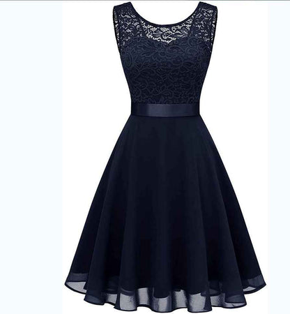 European And American Hollow Waist Solid Color Dress - Sleeveless Lace Hepburn Style