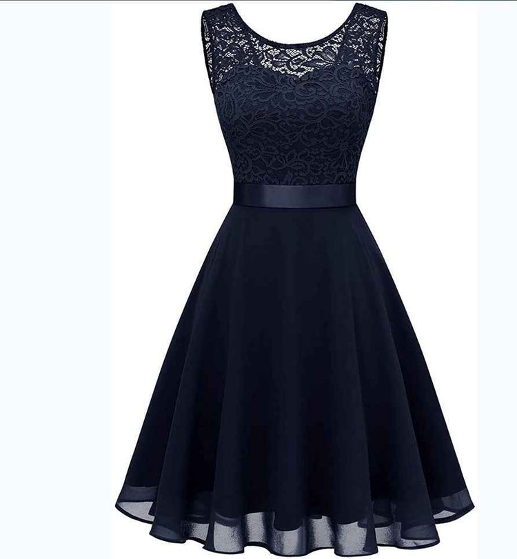 European And American Hollow Waist Solid Color Dress - Sleeveless Lace Hepburn Style