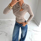 Soft Asymmetric Draped Long Sleeve T-shirt with Hollow-out Metal Button Detail - Florence Luxe