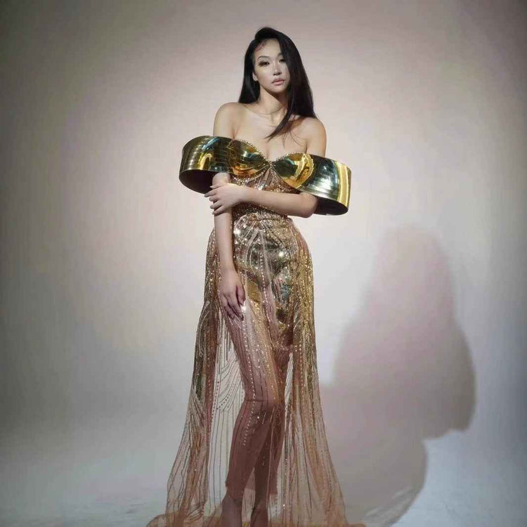 Gold Sequined Strapless Dress for Women - Tube Top Tulle Split Dress