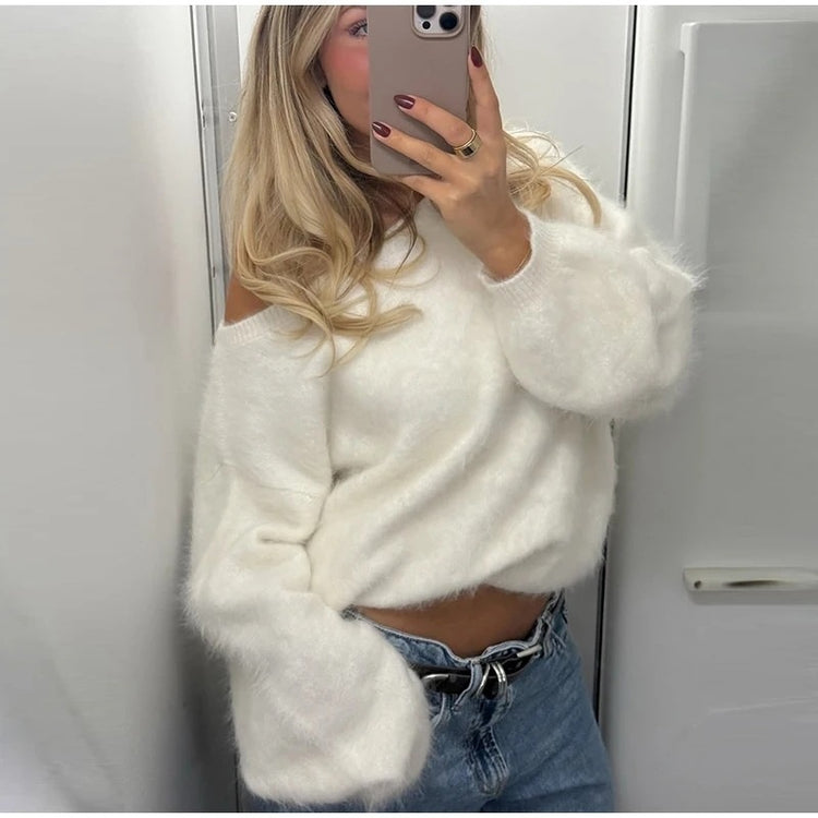 New Loose Diagonal Collar Sweater for Women - Solid Color Fashion Top - Florence Luxe