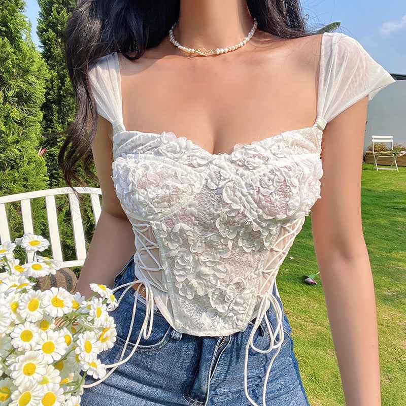 Pure Desire Lace Pattern Perspective Shows Thin Waist Fashion Top